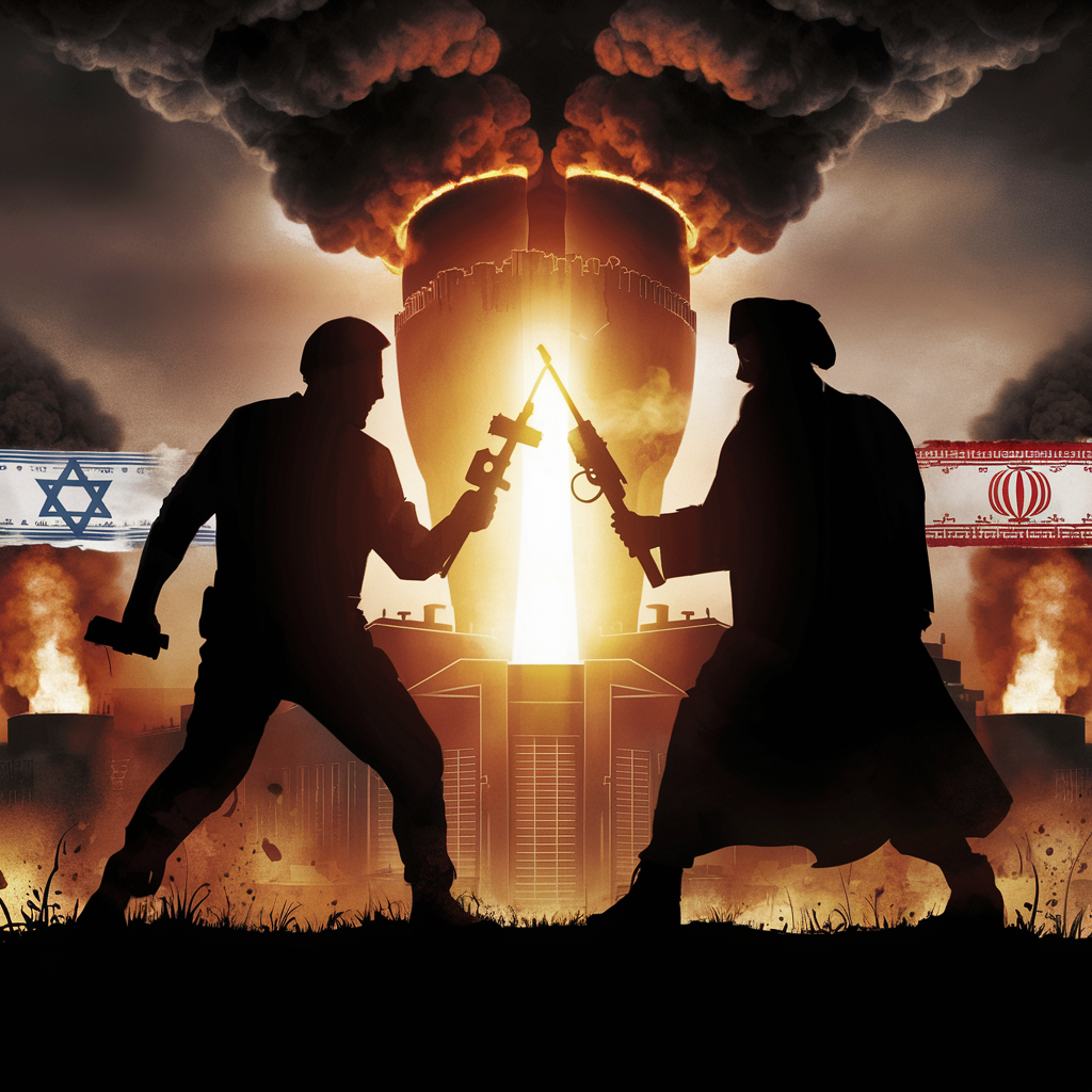 soldiers of iran and israel confronting eachother and a nuclear explosion in the background