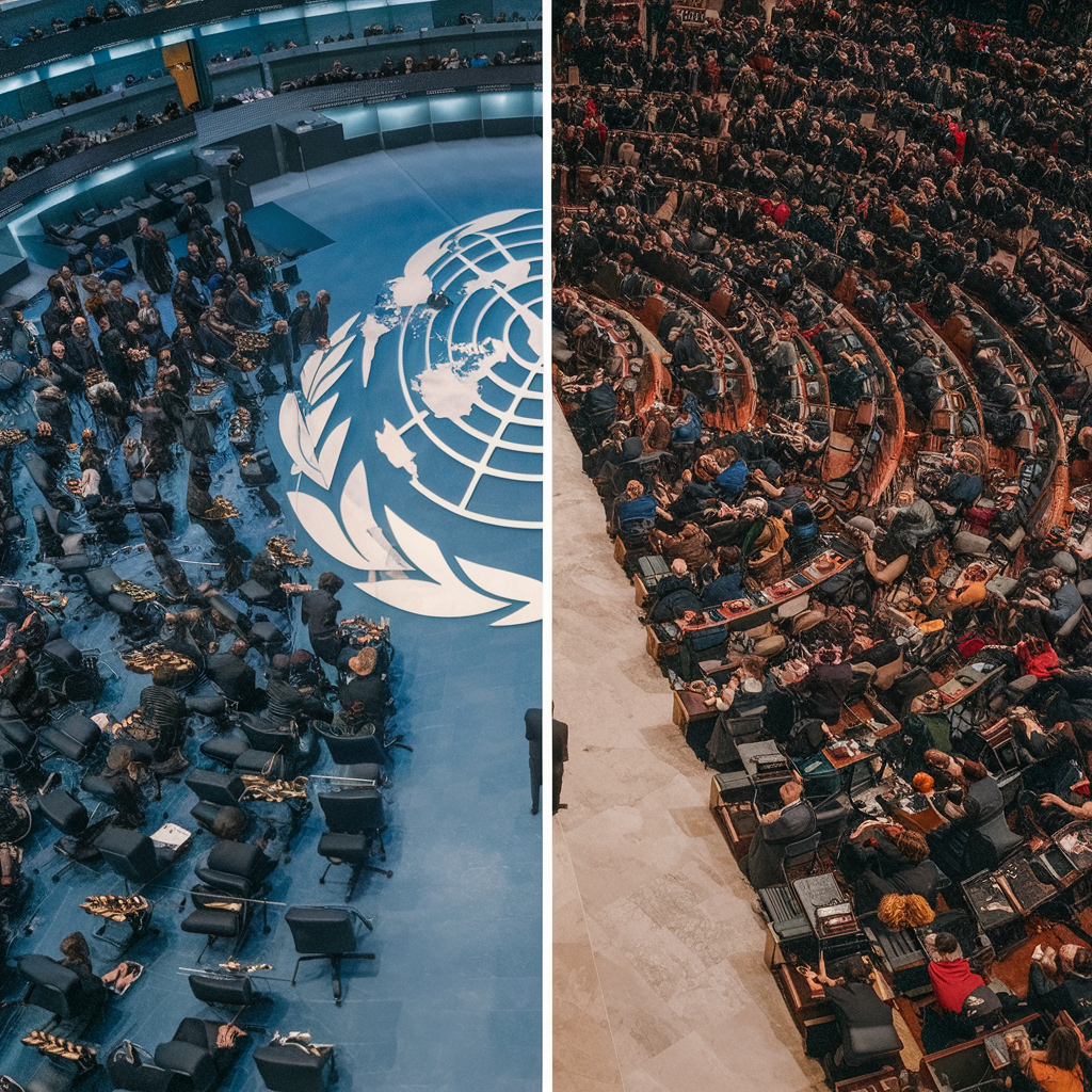 UN assembly session in progress, and US standing alone