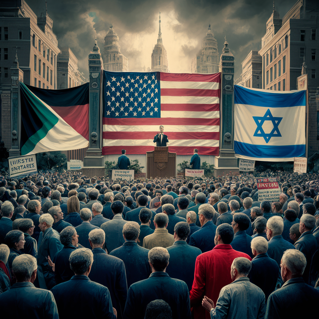 People standing infront of congress, Flags of Palestine, USA and Israel in the backdrop.