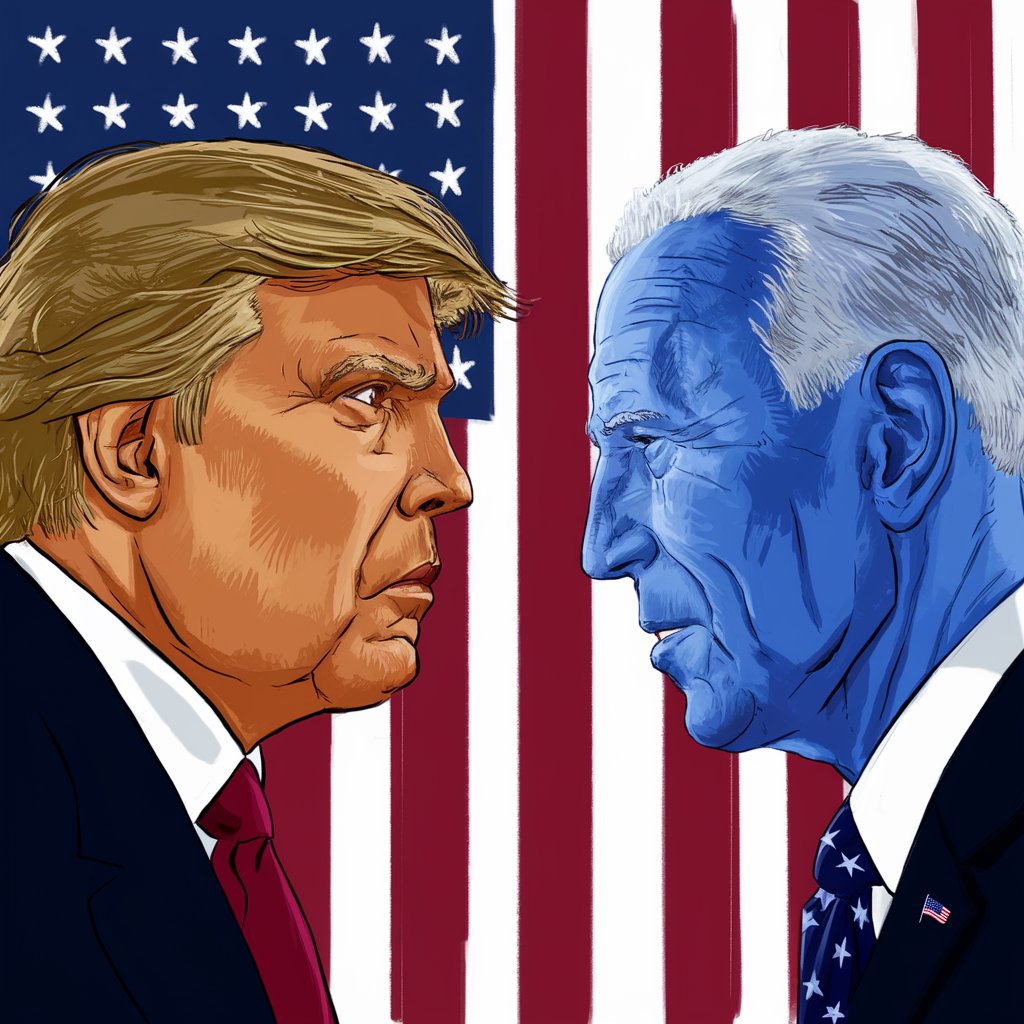 Trump facing Biden in a conflict mode facing each other, US flag in the backdrop