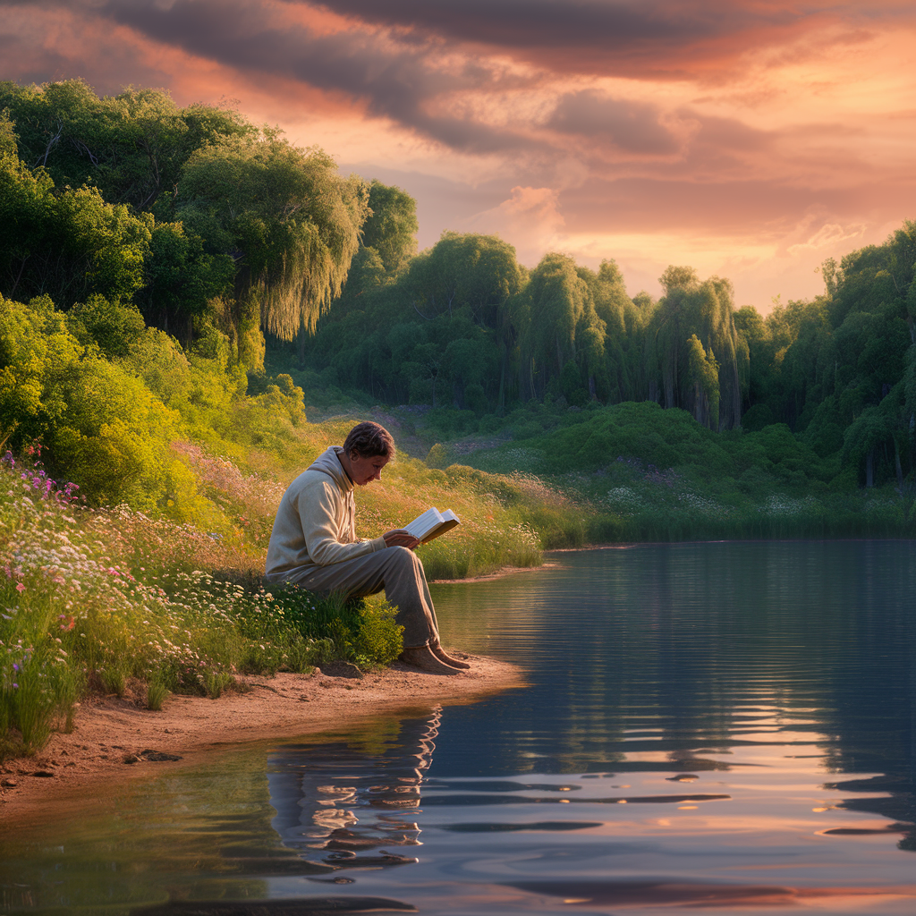 a solitary figure sitting by a tranquil lake