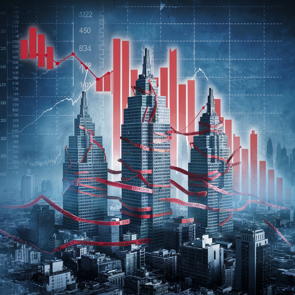 A striking image of a city skyline, with towering buildings and a cityscape, set against the backdrop of an economic crisis. The charts show a steep decline in financial indicators, with red bars dominating the graph.