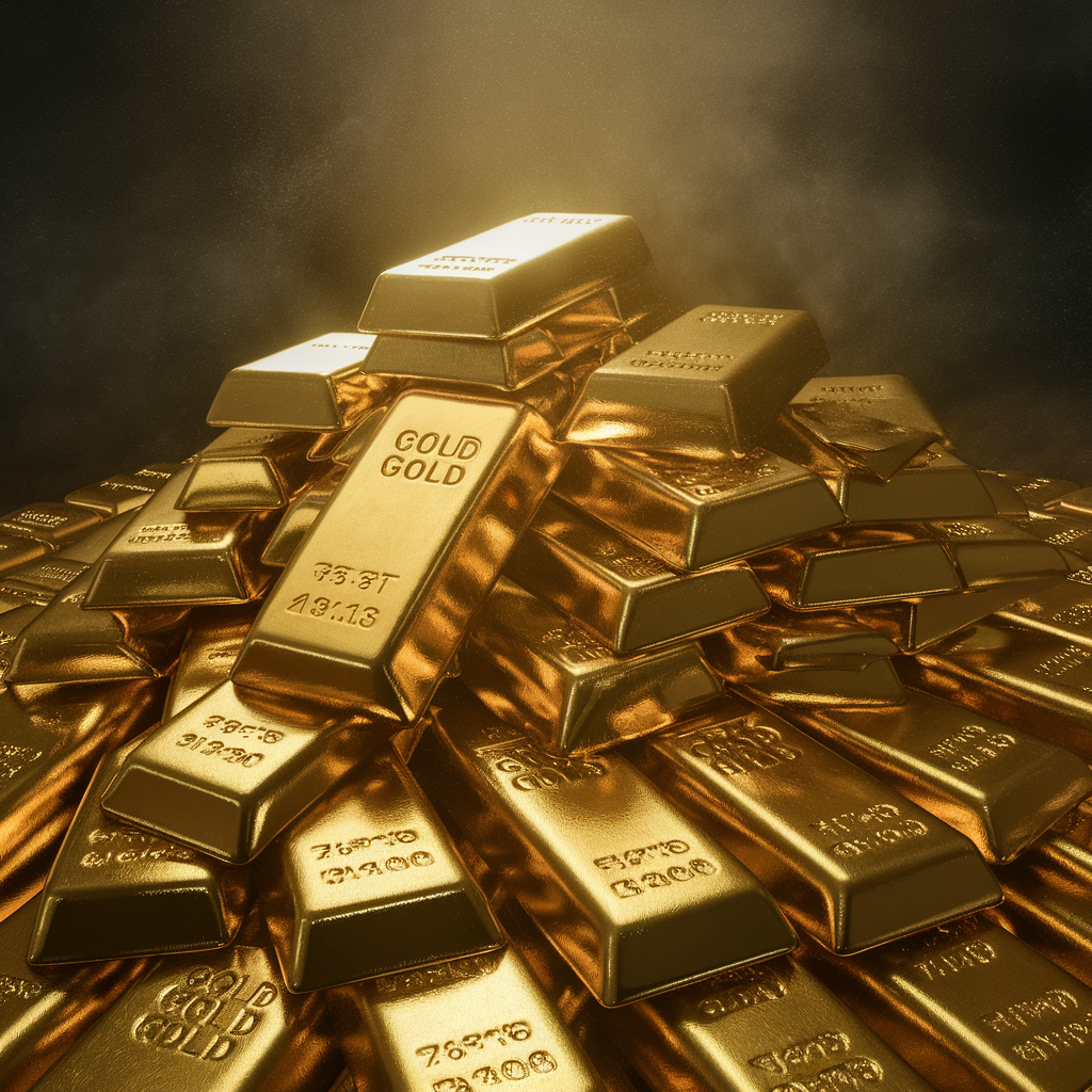 A high-resolution photo of a close-up stash of gleaming gold bars.