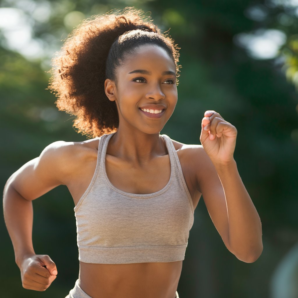 A radiant young woman engaged in exercise. Show her outdoors, basking in natural light, as she is jogging. Her confident posture and energized expression convey the benefits of physical activity for both physical and mental well-being.