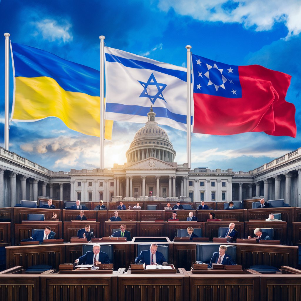 US Senate chamber with senators in debate juxtaposed with flags of Ukraine, Israel, and Taiwan against a blue sky