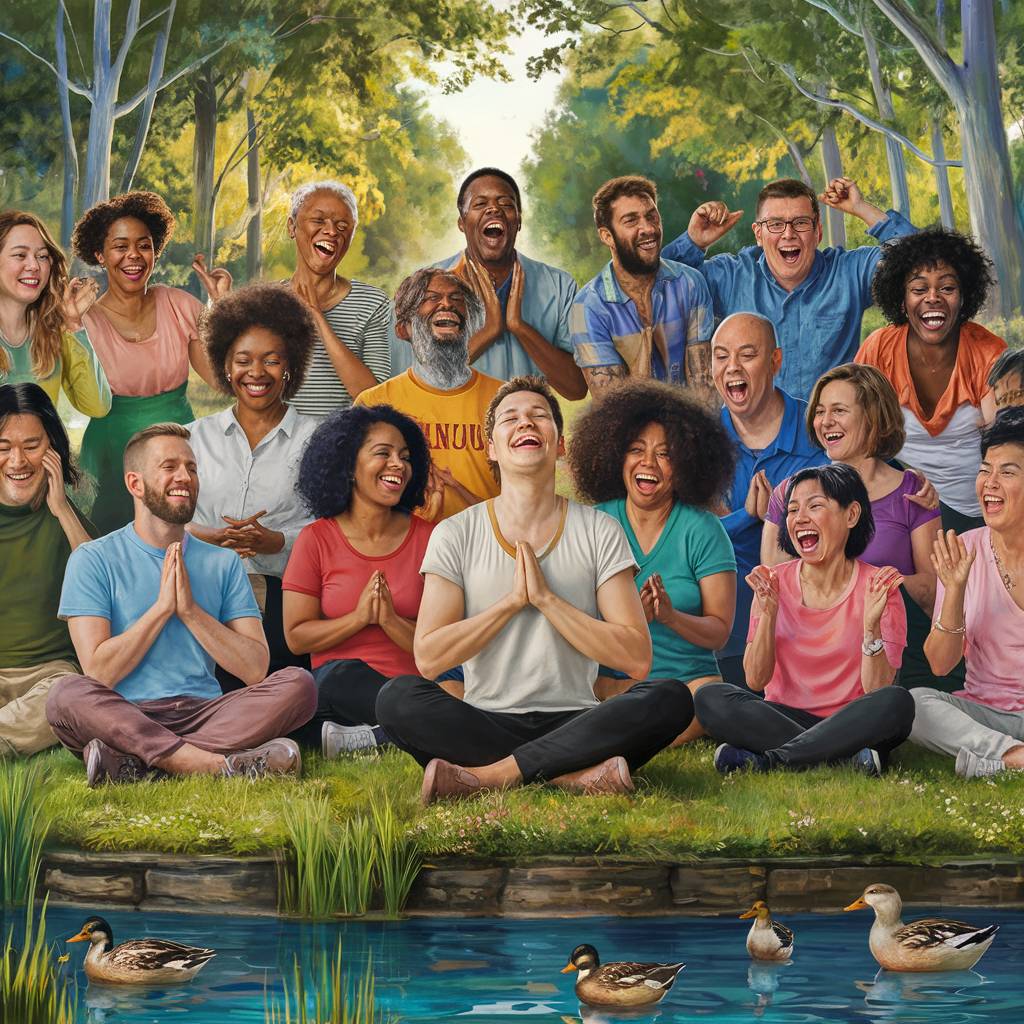 a diverse group of individuals laughing in a serene park